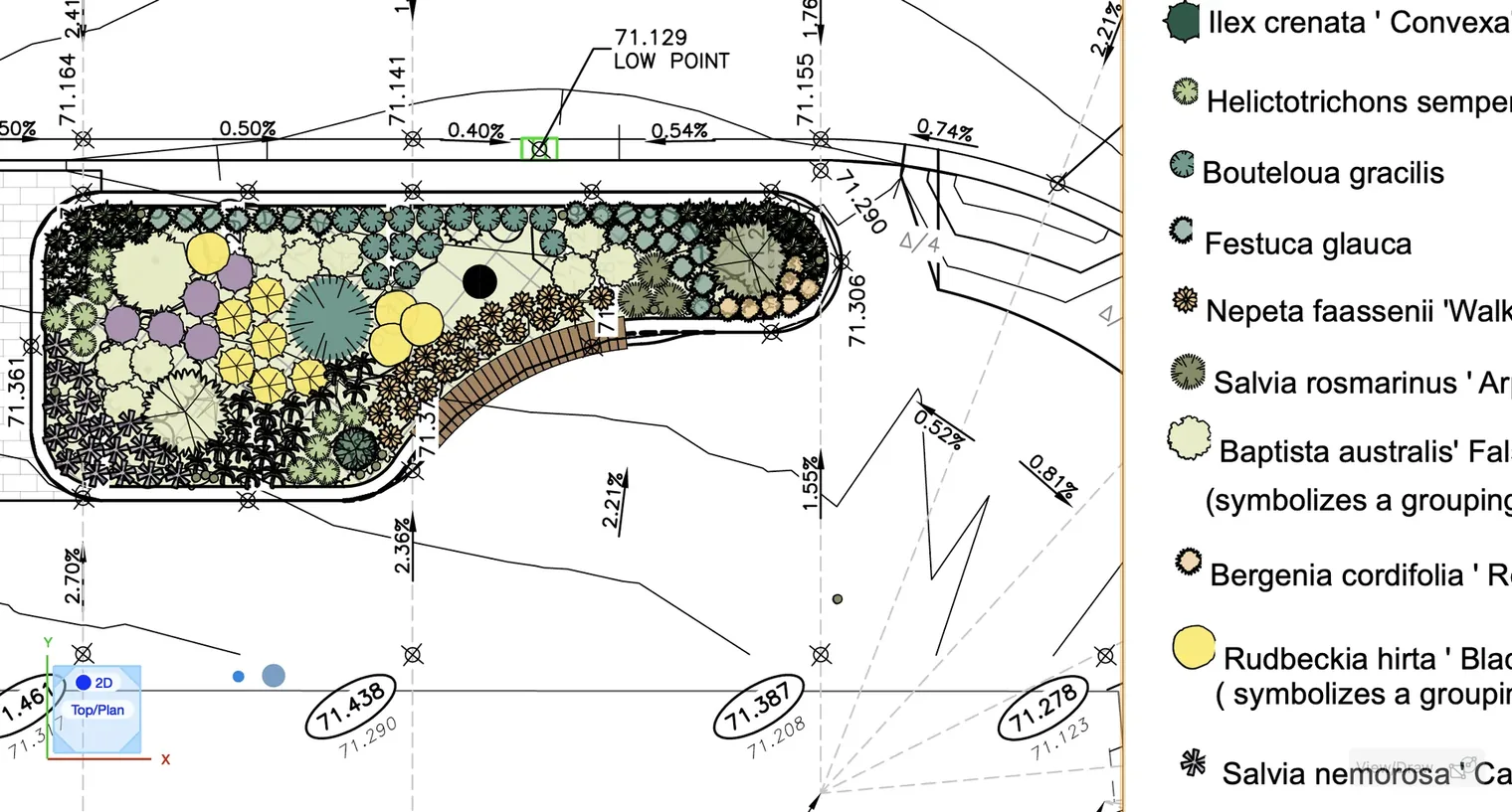 A Vectorworks planting plan with grading levels and a labelled plant schedule