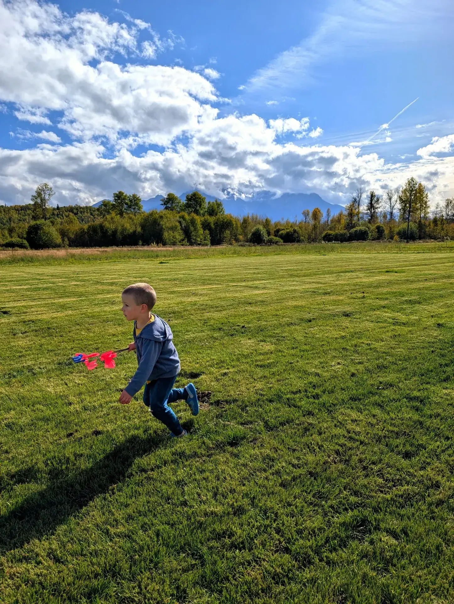 A small child running across the finished field with flags in hand under a big sky