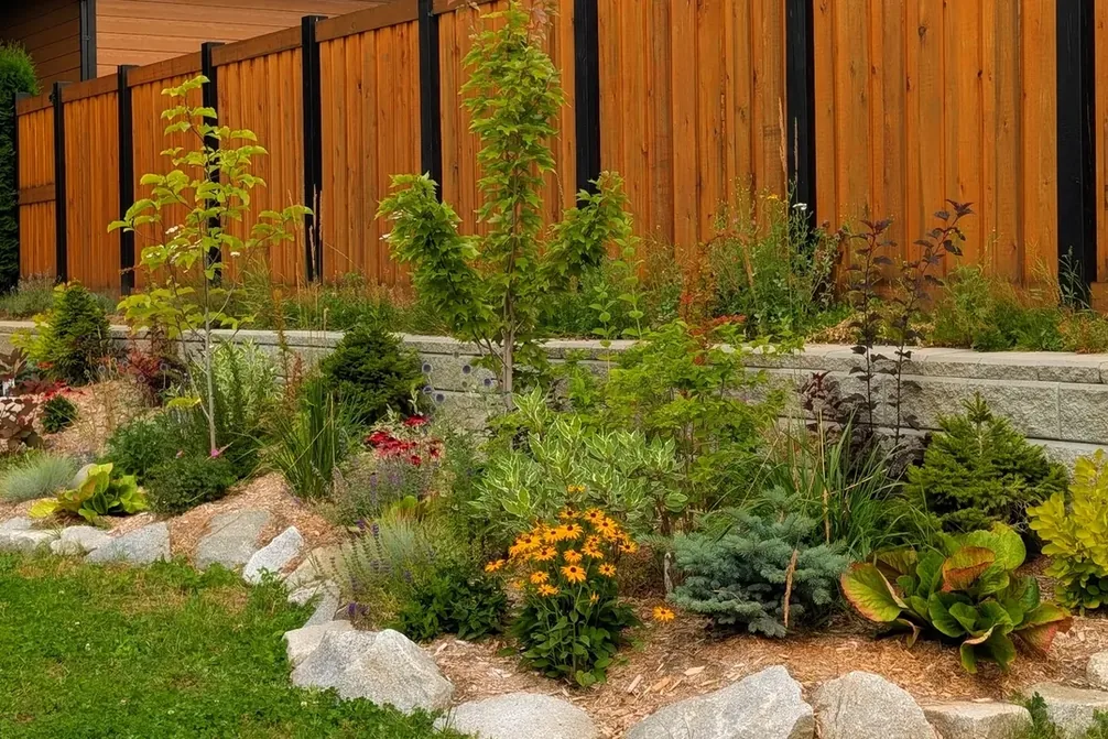 A planted terraced border along a new cedar fence